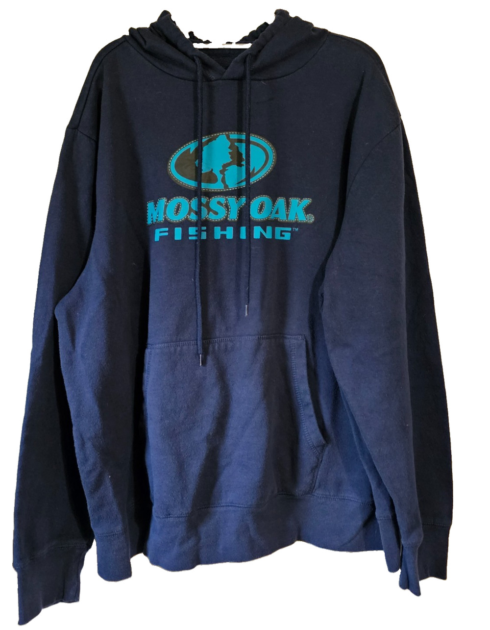 Mossy Oak Fishing Hoodie Mens XL Navy Blue Pullover Sweatshirt Logo Graphic